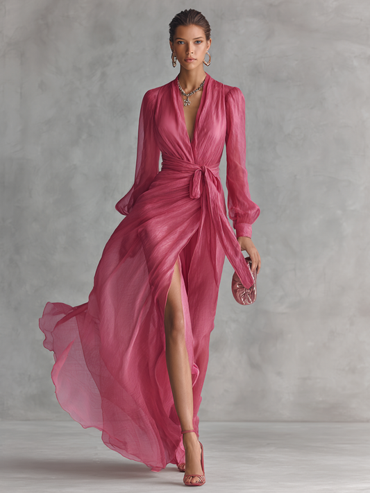 Abito Maxi Rosa in Misto Lino con Scollo a V