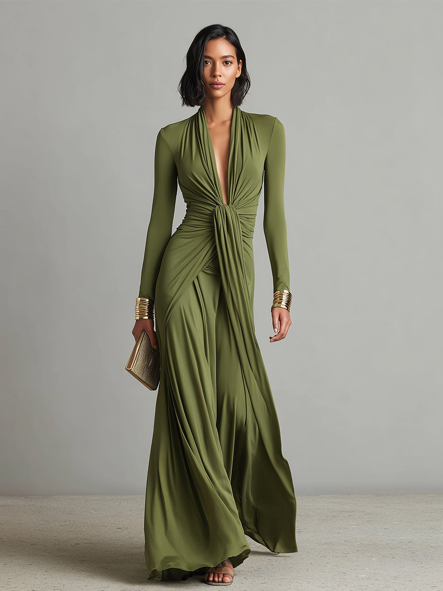 Abito Maxi Verde Oliva in Seta con Scollo a V e Dettagli Arricciati