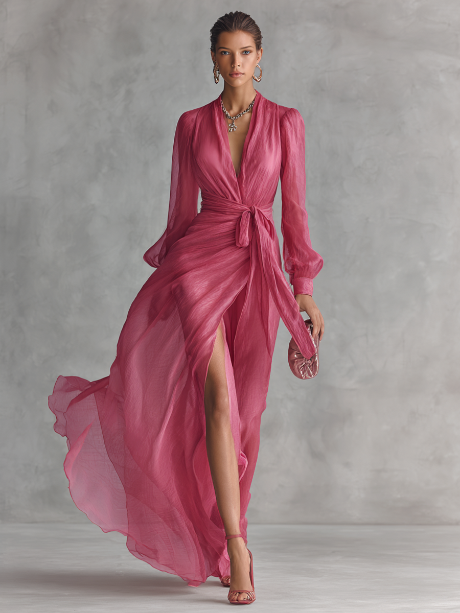 Abito Maxi Rosa in Misto Lino con Scollo a V