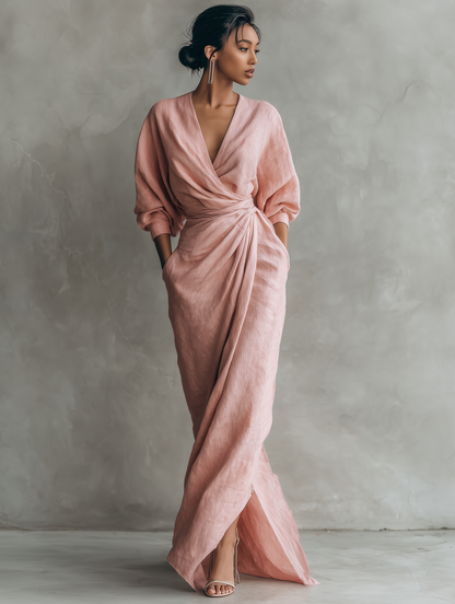 Abito Maxi Minimalista Rosa con scollo a V in misto Lino da Donna
