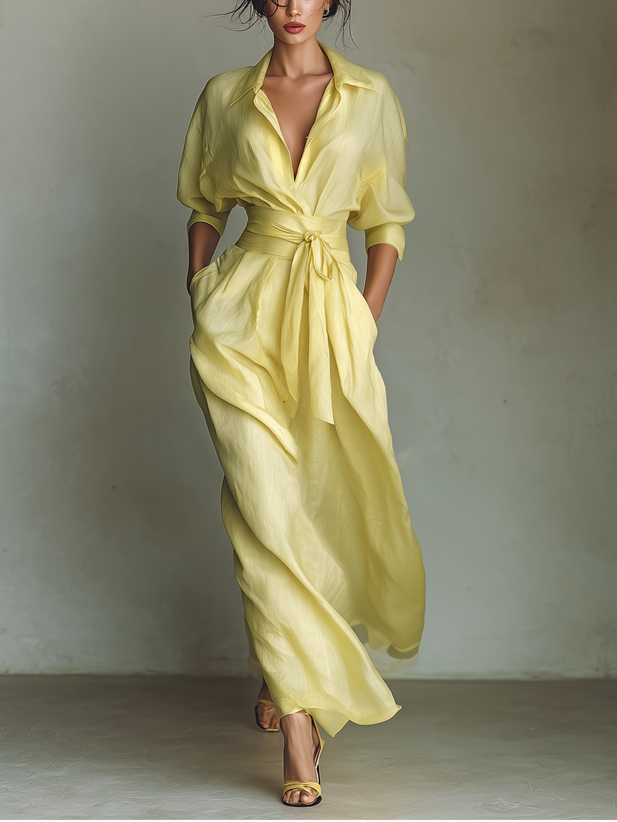 Abito Camicia Maxi in Cotone e Lino Giallo Limone