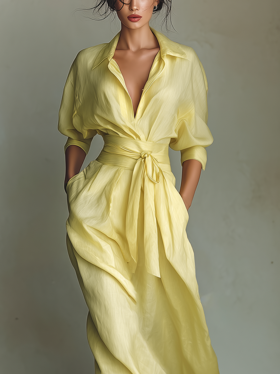 Abito Camicia Maxi in Cotone e Lino Giallo Limone