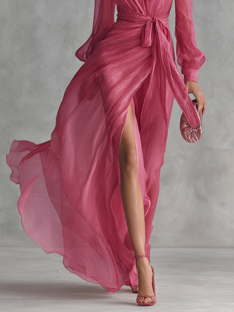 Abito Maxi Rosa in Misto Lino con Scollo a V