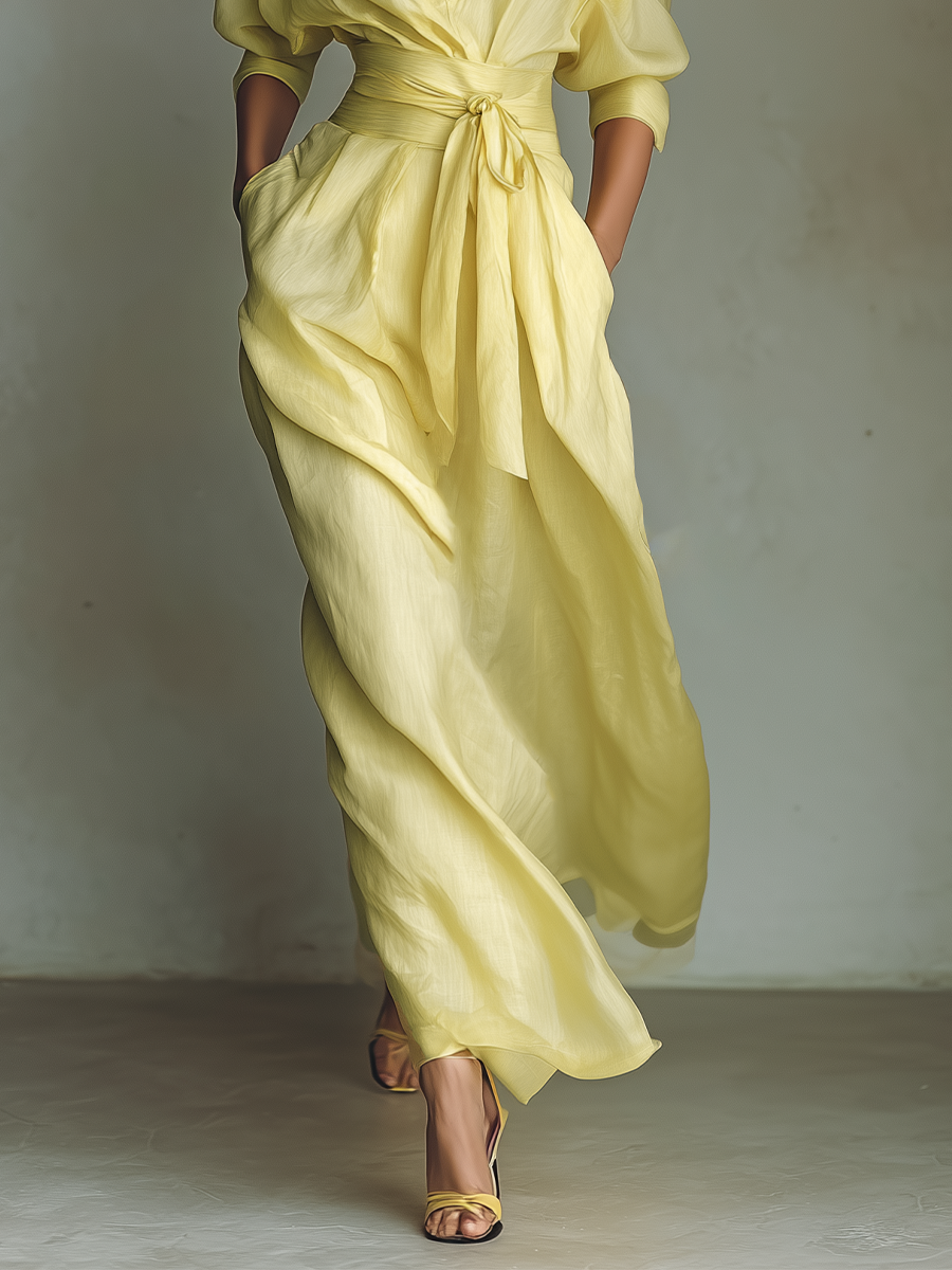 Abito Camicia Maxi in Cotone e Lino Giallo Limone