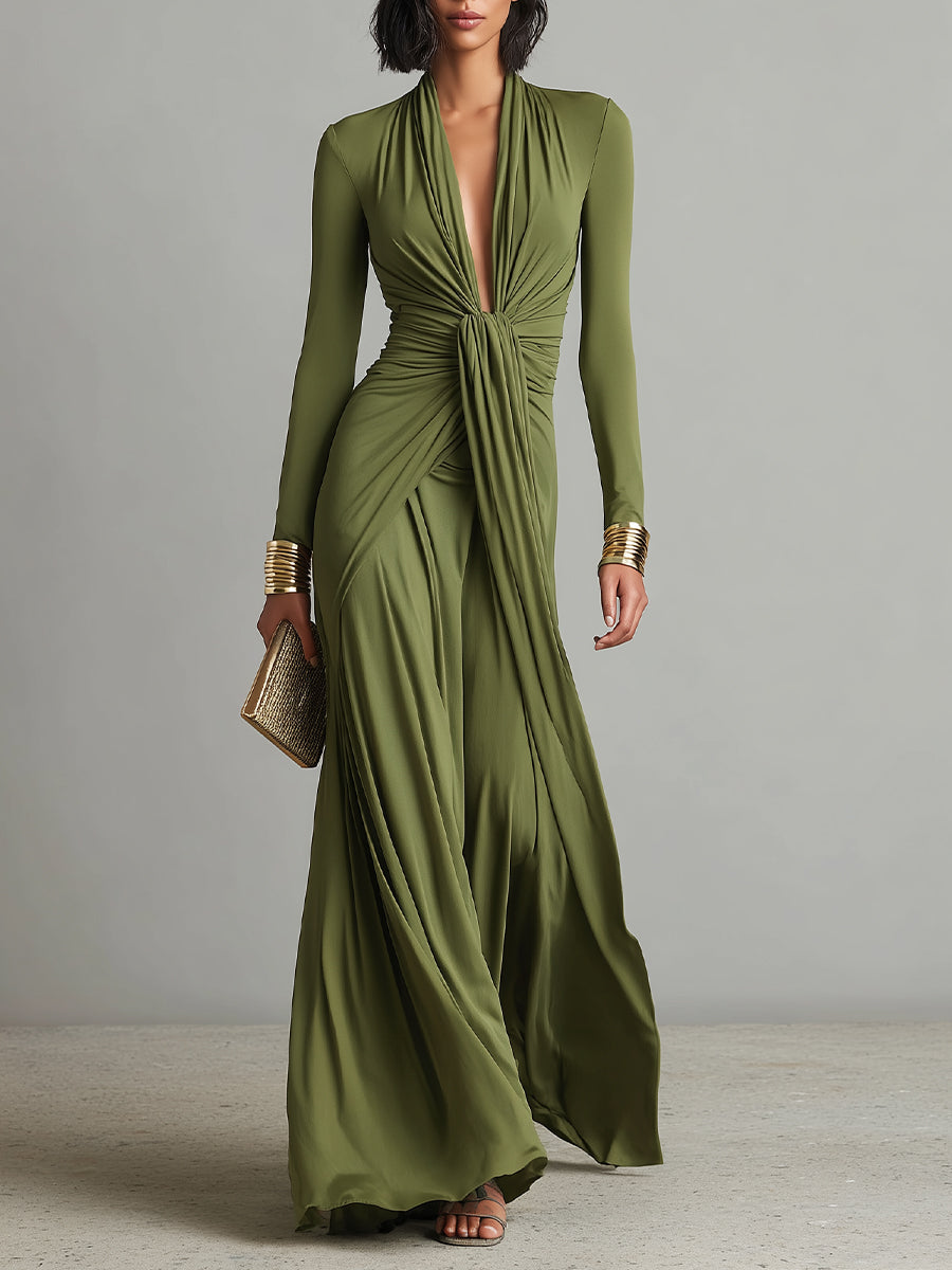 Abito Maxi Verde Oliva in Seta con Scollo a V e Dettagli Arricciati