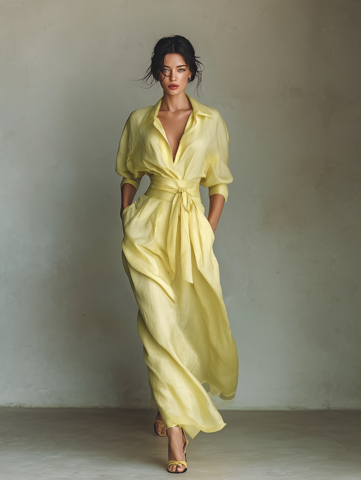 Abito Camicia Maxi in Cotone e Lino Giallo Limone
