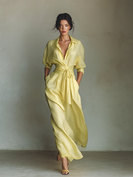 Abito Camicia Maxi in Cotone e Lino Giallo Limone
