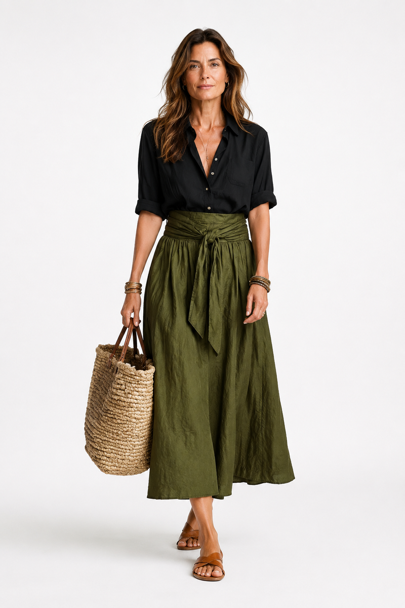 Vera | Completo Due Pezzi: Top Nero e Gonna Midi Verde Oliva