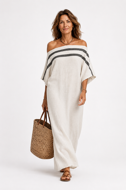 Abito Maxi Minimalista in Lino per Donna con Scollo Off-the-Shoulder e Maniche a Pipistrello