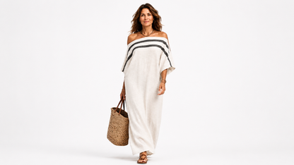 Abito Maxi Minimalista in Lino per Donna con Scollo Off-the-Shoulder e Maniche a Pipistrello