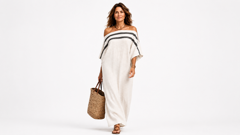 Abito Maxi Minimalista in Lino per Donna con Scollo Off-the-Shoulder e Maniche a Pipistrello