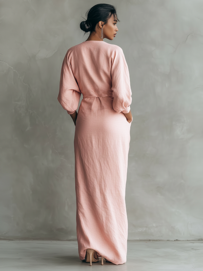 Abito Maxi Minimalista Rosa con scollo a V in misto Lino da Donna