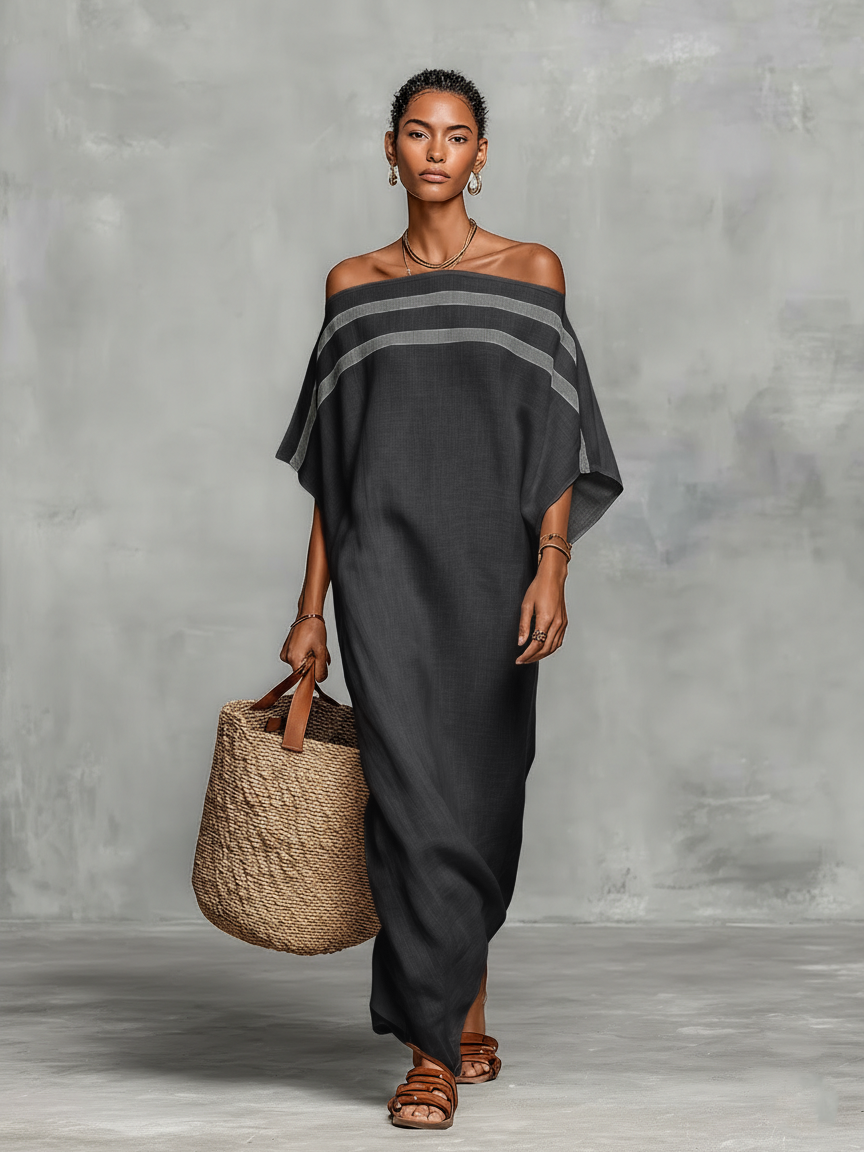 Abito Maxi Minimalista in Lino per Donna con Scollo Off-the-Shoulder e Maniche a Pipistrello