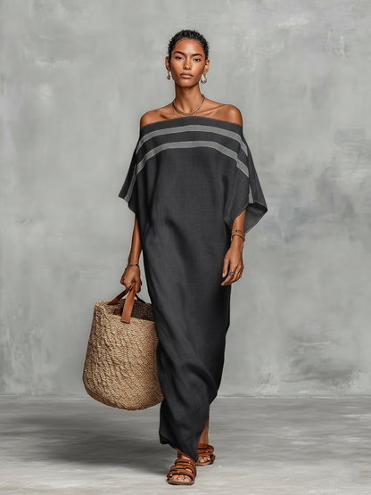 Abito Maxi Minimalista in Lino per Donna con Scollo Off-the-Shoulder e Maniche a Pipistrello