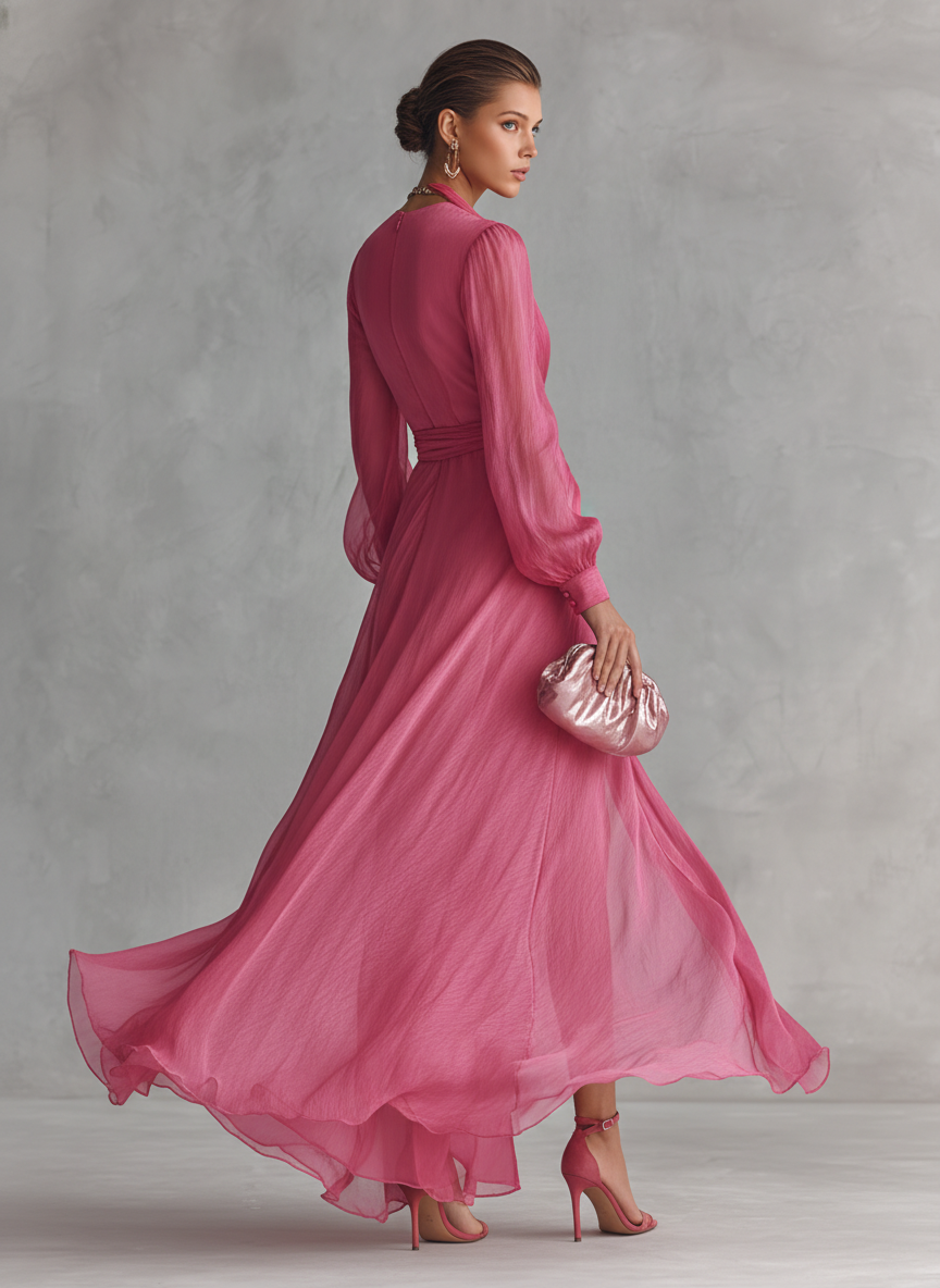 Abito Maxi Rosa in Misto Lino con Scollo a V