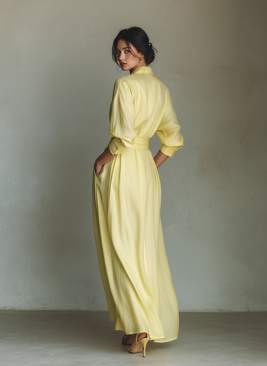 Abito Camicia Maxi in Cotone e Lino Giallo Limone