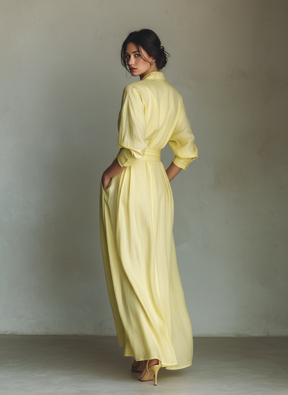 Abito Camicia Maxi in Cotone e Lino Giallo Limone