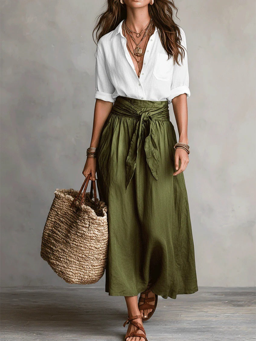 Vera | Completo Due Pezzi: Top Nero e Gonna Midi Verde Oliva