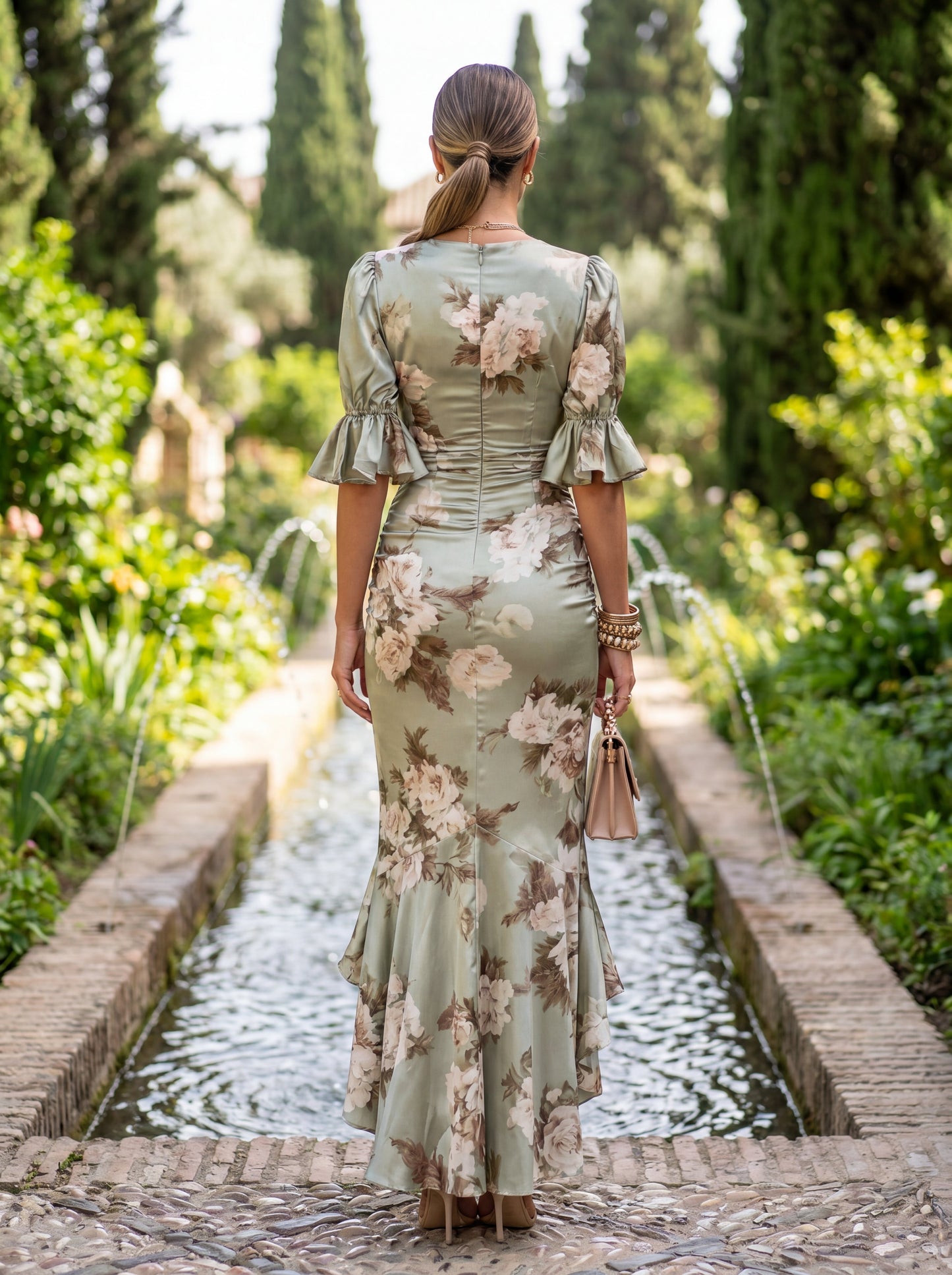 Ana - Vestito lungo asimmetrico in raso verde con scollo a V