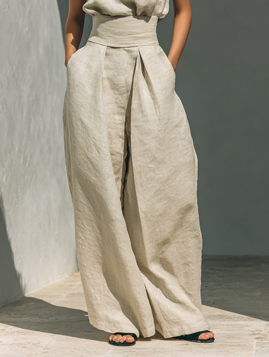 Set composto da top senza maniche beige in misto cotone-lino finto e pantaloni a gamba larga
