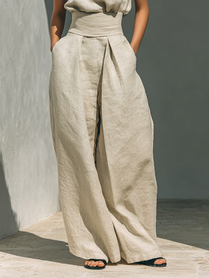 Set composto da top senza maniche beige in misto cotone-lino finto e pantaloni a gamba larga