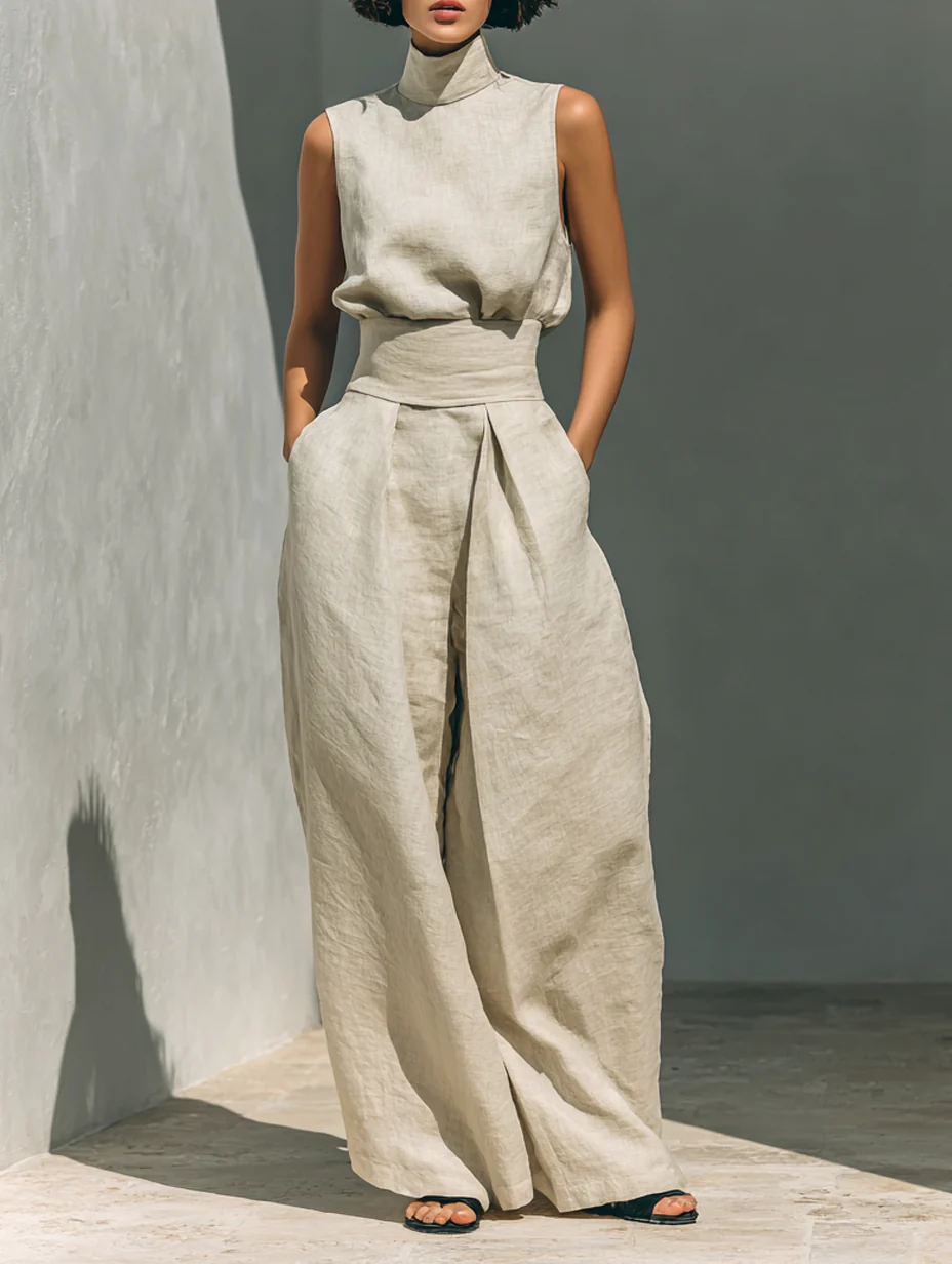 Set composto da top senza maniche beige in misto cotone-lino finto e pantaloni a gamba larga