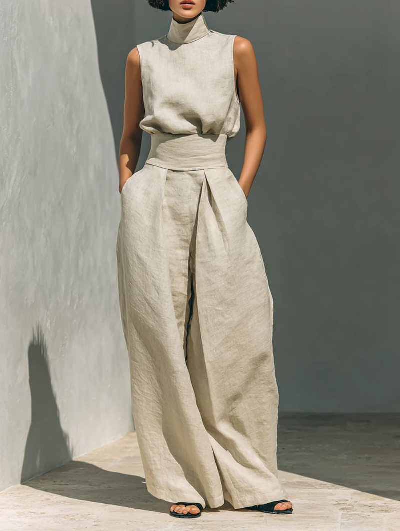 Set composto da top senza maniche beige in misto cotone-lino finto e pantaloni a gamba larga