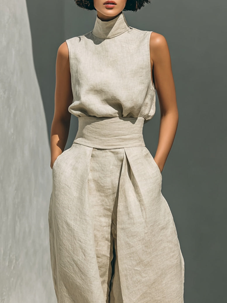 Set composto da top senza maniche beige in misto cotone-lino finto e pantaloni a gamba larga