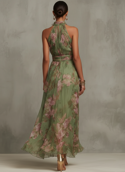Serena ∙ Abito lungo verde a fiori in chiffon con scollo all'americana