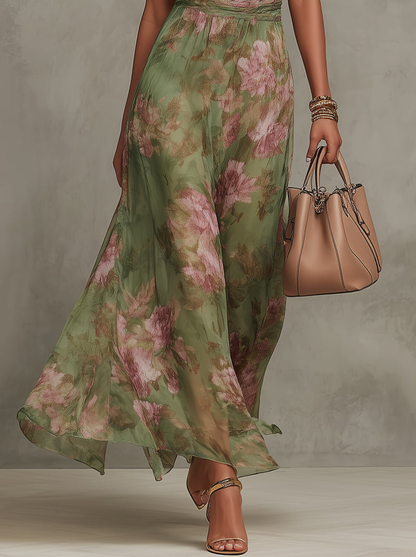 Serena ∙ Abito lungo verde a fiori in chiffon con scollo all'americana