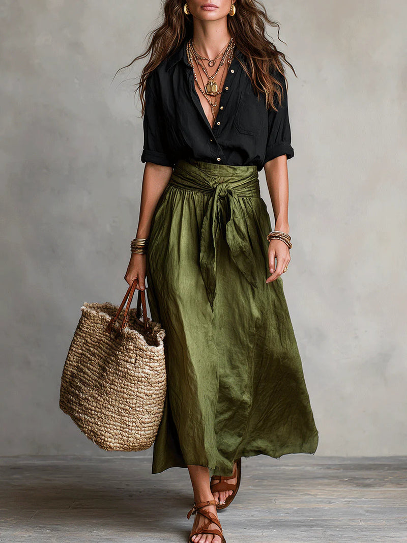 Vera | Completo Due Pezzi: Top Nero e Gonna Midi Verde Oliva