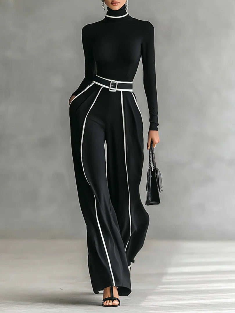 Set Elegante a Due Pezzi con Collo Alto e Pantaloni Ampi